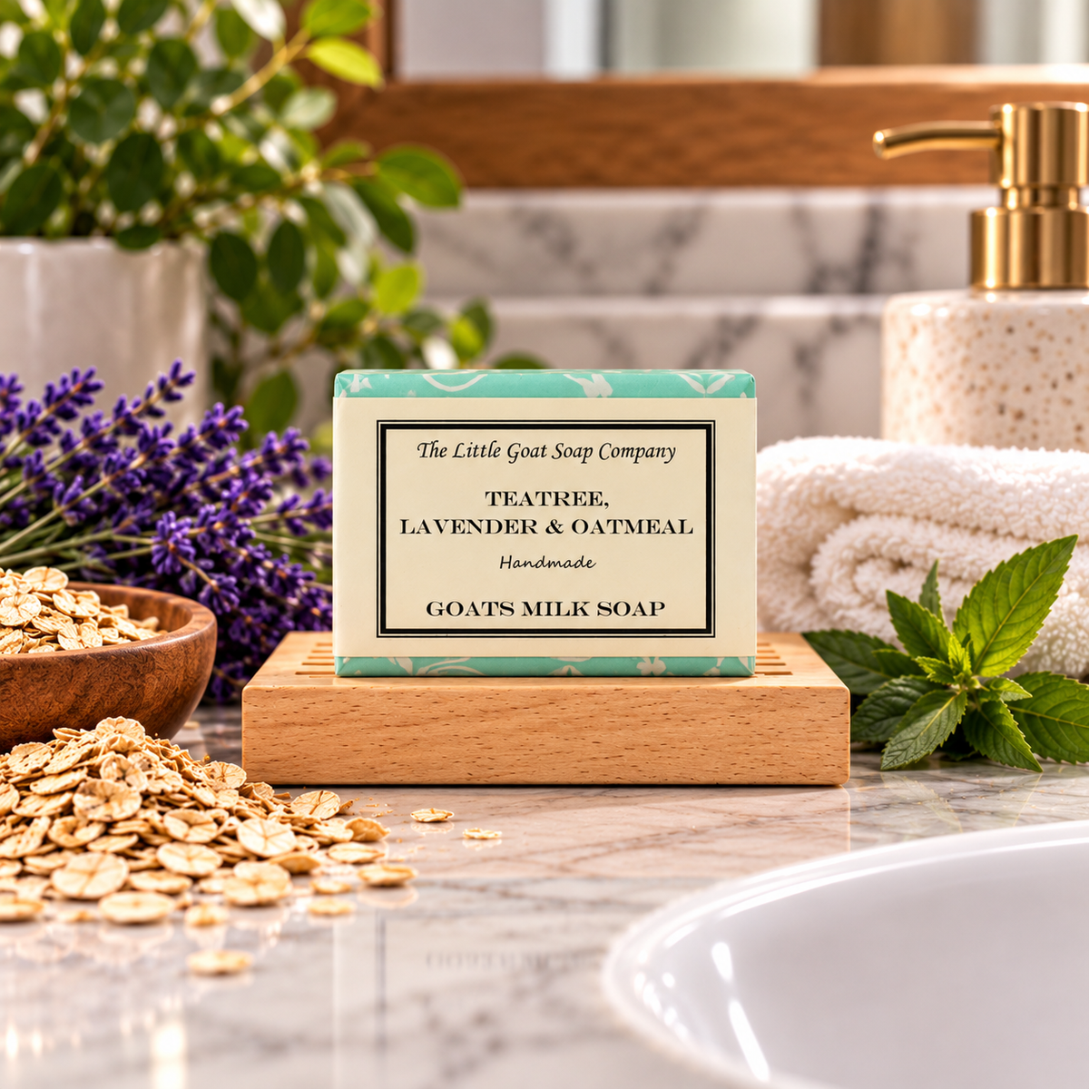 Tea Tree, Lavender & Oatmeal goat milk soap bar in a spa setting