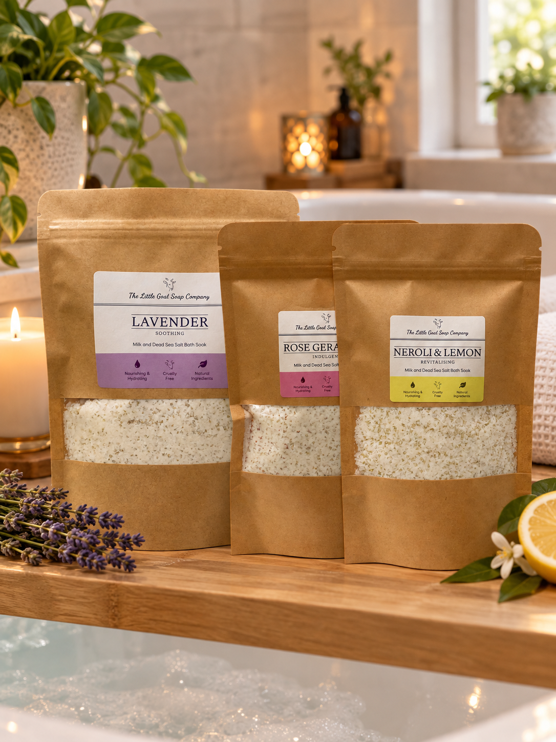 Three stand-up pouches of bath salts from The Bath Salt Company are arranged on a wooden tray in a warm, spa-like setting. The pouches are labeled Lavender, Rose Geranium, and Neroli & Lemon, with clear windows showing the white bath salts inside.