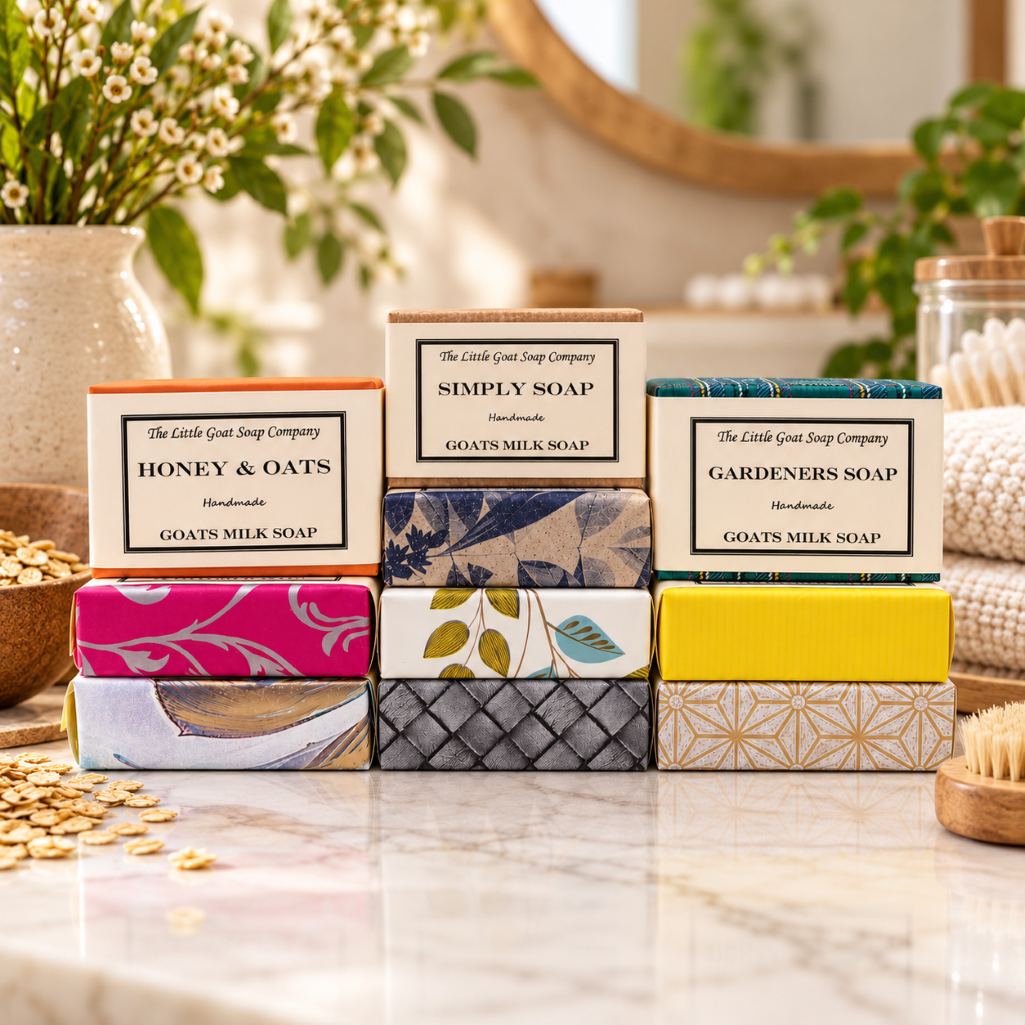 Lifestyle photo of goat milk soap and shampoo bars from the 10 bar mixed bundle