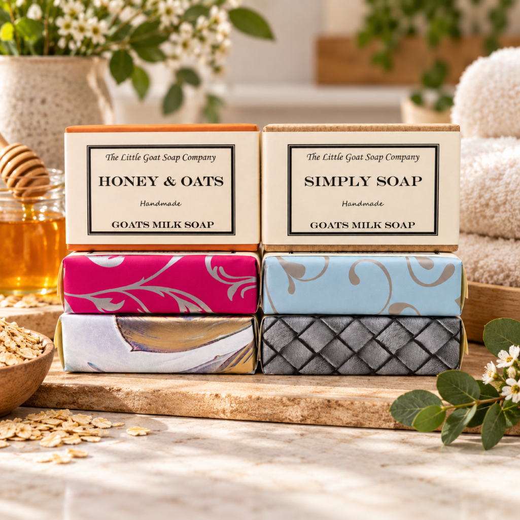 Lifestyle photo of goat milk soap and shampoo bars from the 6 bar mixed bundle