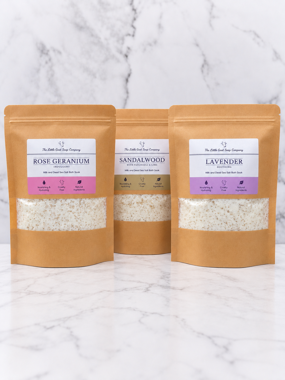 Bundle of three 500g goat milk bath salts from The Little Goat Soap Company