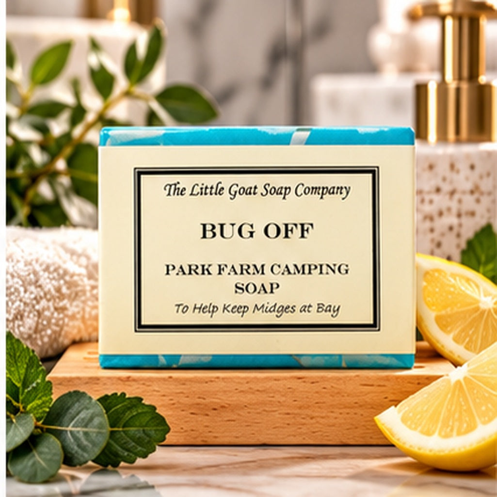 Bug Off goat milk soap bar styled in a bathroom setting