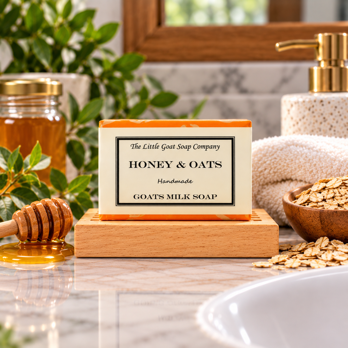 Honey & Oats goat milk soap bar in a spa setting