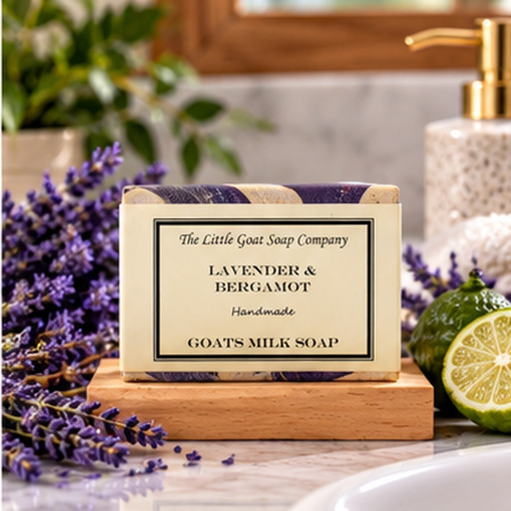 Lavender & Bergamot goat milk soap bar styled in a bathroom setting