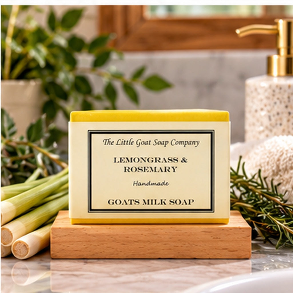 Lemongrass & Rosemary goat milk soap bar styled in a bathroom setting