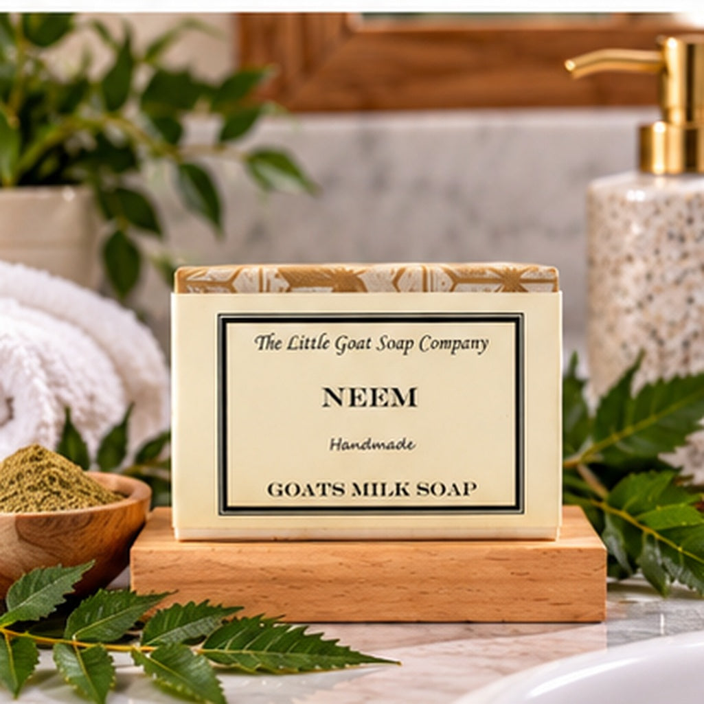 Neem goat milk soap bar styled in a bathroom setting