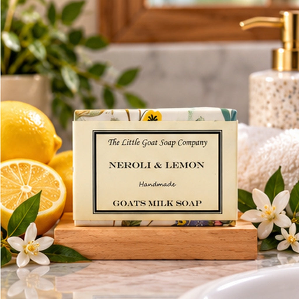 Neroli & Lemon goat milk soap bar styled in a bathroom setting