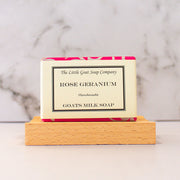 Bar of Rose Geranium goat milk soap, 100g, wrapped and ready to gift