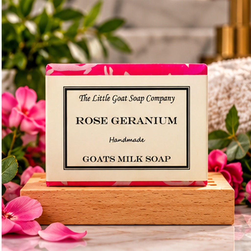 Rose Geranium goat milk soap bar styled in a bathroom setting