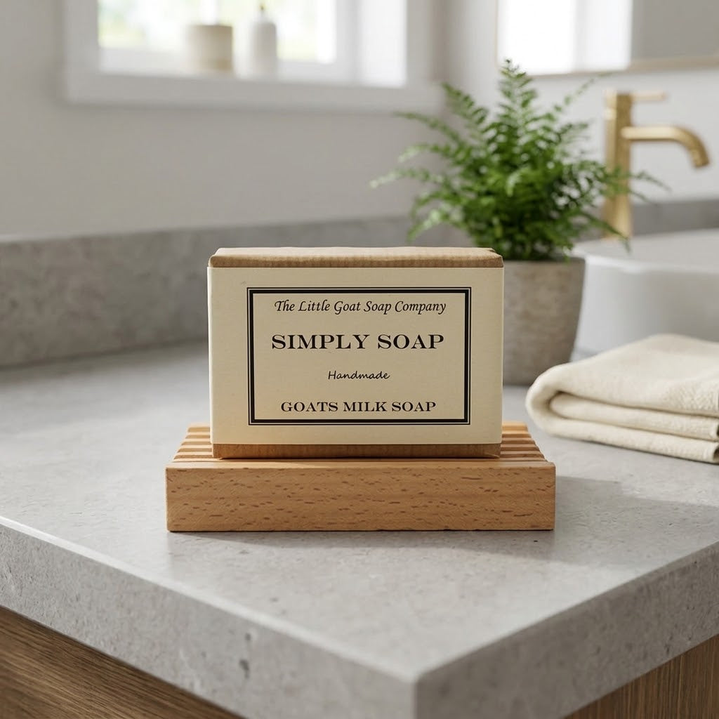 Simply Unscented Goat Milk Soap bar, 100g, shown in a natural lifestyle setting