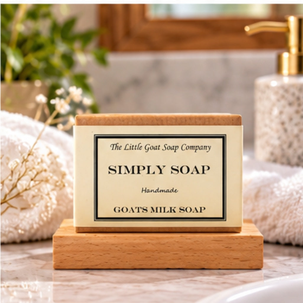 Simply unscented goat milk soap bar styled in a bathroom setting